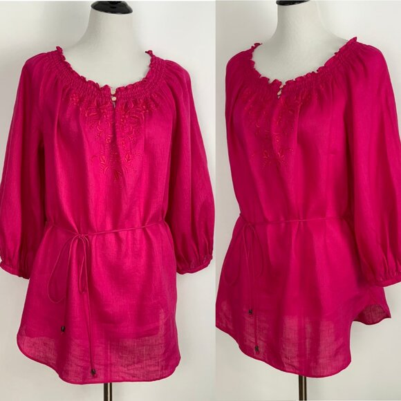 Lauren Ralph Lauren Fuschia Linen Peasant Embroidered Blouse Tie Waist Sz L - Picture 2 of 16